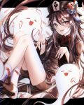 1girl :d black_headwear blush boo_tao_(genshin_impact) bright_pupils brown_coat brown_hair brown_shorts coat flower flower-shaped_pupils genshin_impact ghost hair_between_eyes hat hat_flower hat_tassel highres hu_tao_(genshin_impact) letterboxed long_hair looking_at_viewer outside_border parted_lips red_eyes saksak_mocchiri shorts simple_background smile solo symbol-shaped_pupils twintails white_background white_pupils 