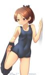  1girl against_wall barefoot black_skirt blue_one-piece_swimsuit breasts brown_eyes brown_hair collarbone cowboy_shot dated kantai_collection old_school_swimsuit one-hour_drawing_challenge one-piece_swimsuit ray.s school_swimsuit shikinami_(kancolle) shikinami_kai_ni_(kancolle) short_hair short_ponytail simple_background skirt skirt_removed small_breasts solo standing standing_on_one_leg swimsuit twitter_username undressing white_background 