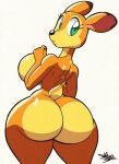  anthro big_breasts big_butt black_pupils breasts butt deer dipstick_ears female green_eyes hi_res huge_breasts looking_back mammal multicolored_ears nude pupils side_boob solo tansau thick_thighs wide_hips 