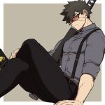  1boy bara black_hair black_pants crossed_legs cyp1a2 doudanuki_masakuni glasses grey_shirt highres large_pectorals looking_at_viewer male_focus muscular muscular_male pants pectorals scar scar_on_arm scar_on_face scar_on_nose sheath sheathed shirt short_hair simple_background sitting solo suspenders sword touken_ranbu weapon 