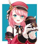  1girl bare_shoulders beret blush camera charlotte_(genshin_impact) commentary detached_sleeves genshin_impact gloves hat highres holding holding_camera long_sleeves looking_at_viewer medium_hair monocle open_mouth pink_hair pink_headwear pochimaru_(marumaru_wanwan) ribbon simple_background steampunk teeth upper_body upper_teeth_only white_gloves 