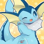  2018 3_fingers 3_toes ambiguous_gender blue_body blue_eyes blue_skin blue_tail colored cute_fangs digital_media_(artwork) ear_fins eeveelution feet feral fin fingers frill_(anatomy) front_view generation_1_pokemon head_fin hi_res hindpaw kemono looking_at_viewer mammal marine membrane_(anatomy) membranous_frill monotone_tail multicolored_body neck_frill nintendo no_sclera one_eye_closed open_mouth open_smile pawpads paws pink_pawpads pokemon pokemon_(species) portrait pupils quadruped shaded simple_background sitting smile solo star_polygon suppainu tail tail_fin three-quarter_portrait three-quarter_view toes vaporeon white_pupils wink yellow_background 