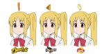  1girl blonde_hair bocchi_the_rock! bow censored cheetos chips_(food) doritos food highres ijichi_nijika lay&#039;s_(potato_chips) long_hair mosaic_censoring potato_chips red_bow red_eyes shirt side_ponytail sidelocks simple_background smile solo tenten_(chan4545) upper_body variations white_background white_shirt 