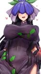  1girl akehi_yuki black_dress black_gloves black_hair breasts china_dress chinese_clothes commentary covered_navel covered_nipples dress gloves heart heart-shaped_pupils large_breasts long_hair looking_at_viewer open_mouth purple_eyes simple_background solo symbol-only_commentary symbol-shaped_pupils touhou white_background yomotsu_hisami 