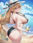  1girl absurdres ass bare_shoulders beach blonde_hair blue_eyes braid breasts controlline3 cup goddess_of_victory:_nikke hat highres holding holding_cup huge_breasts long_hair looking_at_viewer ocean outdoors rapunzel_(nikke) solo sun_hat sweat swimsuit thighs very_long_hair water 