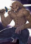  5_fingers abs anthro belt biceps biped bottomwear brown_body brown_fur canid canine canis clothed clothing fingers fur hi_res holding_object holding_sword holding_weapon male mammal melee_weapon muscular muscular_anthro muscular_male pants pecs red_eyes sky_gomi solo sword topless topless_anthro topless_male weapon wolf 
