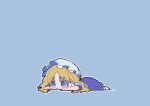 1girl :3 blonde_hair blue_background blue_eyes blush chibi commentary_request dress full_body hat highres long_hair lying maribel_hearn mob_cap nama_udon negative_space on_stomach outline purple_dress simple_background solo touhou white_outline 