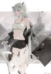  1girl absurdres animal_ears arknights bandeau bare_legs bare_shoulders black_shorts breasts feet_out_of_frame grey_eyes grey_hair hair_ornament hairclip highres kamanberu_sando lappland_(arknights) medium_breasts midriff navel off_shoulder oripathy_lesion_(arknights) scar scar_across_eye short_shorts shorts smile solo standing stomach strapless tube_top wolf_ears 