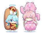  2girls arona_(blue_archive) barefoot blue_archive blue_hair blush hair_over_one_eye halo hanako_(blue_archive) haniwa_(statue) hm_(hmongt) hot_dog_costume long_hair multiple_girls pink_hair short_hair sweatdrop 