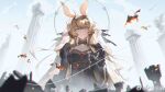  1girl animal_ears arknights black_dress blonde_hair breasts chess_piece chinese_commentary cleavage commentary_request dorothy_(arknights) dorothy_(hand_of_destiny)_(arknights) dress fire from_behind from_below grey_sky hand_up headdress highres jewelry knight_(chess) long_hair looking_at_viewer looking_down medium_breasts mouse_ears mouse_girl nanxianyiduan necklace outdoors pawn_(chess) pearl_necklace pillar rook_(chess) ruins sky solo upper_body veil weibo_username yellow_eyes 