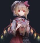  1girl absurdres ascot black_background blonde_hair closed_mouth cowboy_shot dark_background flandre_scarlet frilled_shirt_collar frills glowing glowing_wings hat hat_ribbon highres holding holding_stuffed_toy medium_hair miltee_(pdfe7528) mob_cap multicolored_wings one_side_up pointy_ears puffy_short_sleeves puffy_sleeves red_eyes red_ribbon red_skirt red_vest ribbon short_sleeves simple_background skirt skirt_set solo stuffed_animal stuffed_toy teddy_bear touhou vest white_headwear wings yellow_ascot 