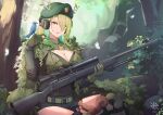  1girl 2023 antlers antlers_through_headwear artist_logo belt beret bird black_shorts blue_jay blurry blurry_background bolt_action braid braided_bangs breasts bush ceres_fauna cleavage commentary day english_commentary eyes_visible_through_hair forest gloves green_belt green_gloves green_hair green_headwear green_shirt gun hair_over_one_eye hand_up hat headphones highres hiroki_ree holding holding_gun holding_weapon hololive hololive_english knee_pads large_breasts leaf long_bangs long_hair long_sleeves looking_at_viewer mole mole_under_eye nature outdoors parted_lips remington_model_700 rifle rock scope shirt shorts shrug_(clothing) sitting smile snap-fit_buckle sniper_rifle solo squirrel tree virtual_youtuber weapon yellow_eyes 