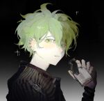  1boy amami_rantaro black_background black_shirt blush bottle chain danganronpa_(series) danganronpa_v3:_killing_harmony ear_piercing earrings from_side gradient_background green_hair grey_background hand_up highres holding holding_bottle jewelry long_sleeves male_focus messy_hair piercing ring shirt short_hair solo sparkle striped striped_shirt teeth voltmeter_f 