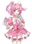  1girl absurdres bow choker cupcake doki_doki_literature_club dress earrings eating food gloves highres holding holding_food jewelry looking_at_viewer medium_hair multiple_hairpins natsuki_(doki_doki_literature_club) oregaihanboshi pink_bow pink_choker pink_dress pink_eyes pink_hair pink_theme short_sleeves short_twintails simple_background solo standing teeth tongue twintails white_background white_bow white_gloves 
