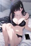  1girl black_bra black_hair black_panties blue_archive blush bra breasts cellphone cleavage closed_eyes collarbone feet_out_of_frame hair_ornament highres indoors large_breasts long_hair navel panties parted_lips phone preview_(preview0) rio_(blue_archive) sitting smartphone solo stomach thighs underwear 
