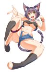  1girl :d absurdres animal_ear_fluff animal_ears bell black_socks blue_shorts blush breasts cat_ears cat_tail crop_top feet full_body green_eyes highres large_breasts leaning_back medium_hair micro_shorts navel neck_bell nekoi_hikaru no_shoes open_fly original partially_visible_vulva shorts simple_background smile socks solo tail teeth thigh_strap thighs toeless_legwear toenails toes underboob upper_teeth_only white_background 