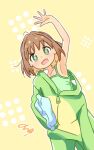  1girl :d arm_up armpits brown_hair colored_inner_hair commentary diamond-shaped_pupils diamond_(shape) dot_nose fang green_eyes highres holding holding_pillow light_blush looking_at_viewer multicolored_hair nuurise2023 off_shoulder oka_asahi onesie onii-chan_wa_oshimai! open_mouth orange_hair outline pillow romaji_commentary short_hair simple_background single_bare_arm smile solo symbol-shaped_pupils two-tone_hair white_outline yellow_background zipper_pull_tab 