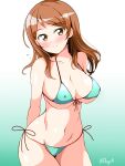  1girl aqua_bikini bare_arms bikini blush breasts brown_eyes brown_hair cleavage closed_mouth collarbone commentary_request covered_nipples cowboy_shot deego_(omochi_bazooka) gradient_background highres hojo_karen idolmaster idolmaster_cinderella_girls large_breasts long_hair looking_at_viewer navel side-tie_bikini_bottom sidelocks smile solo stomach swimsuit twitter_username underboob 