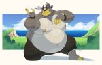  2023 anthro belly big_belly bodily_fluids bottomwear clothing cloud detailed_background generation_8_pokemon hi_res humanoid_hands legendary_pokemon male moobs mountain nintendo nipples obese obese_male outside overweight overweight_male pants pokemon pokemon_(species) riisago solo sweat urshifu 