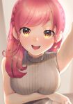  1girl :d aizono_manami arm_under_breasts arm_up bare_arms blurry braid breasts brown_sweater crown_braid curly_hair earrings hair_over_shoulder heart heart-shaped_pupils heart_earrings hiyorou jewelry large_breasts light_blush long_hair looking_at_viewer nijisanji open_mouth pink_hair ribbed_sweater short_eyebrows sleeveless sleeveless_sweater smile solo straight-on sweater swept_bangs symbol-shaped_pupils teeth thick_eyebrows tongue upper_body upper_teeth_only virtual_youtuber yellow_eyes 