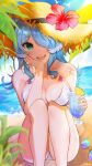  1girl beach bikini blue_hair blue_wings breasts cleavage cup day drink drinking_glass elira_pendora eyewear_removed flower green_eyes hair_over_one_eye halterneck hat hat_flower head_on_hand head_wings highres holding holding_drink long_hair looking_at_viewer medium_breasts multicolored_hair nijisanji nijisanji_en one_eye_covered open_mouth outdoors ria_(ria_0z) smile solo squatting straw_hat string_bikini summer sun_hat sunglasses swimsuit virtual_youtuber white_bikini white_hair wings 