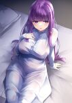  1girl arm_support bed bed_sheet breasts commentary cut_bangs dress fern_(sousou_no_frieren) fingernails hand_on_own_chest highres irohara large_breasts long_hair looking_to_the_side on_bed pillow purple_eyes purple_hair sitting solo sousou_no_frieren white_dress 