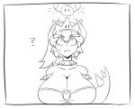  animal_humanoid big_breasts bodily_fluids bowser bowsette_meme breasts cleavage clothed clothing crossgender crown female fungus headgear horn horned_humanoid huge_breasts humanoid looking_up mario_bros matsu-sensei mega_mushroom meme monochrome mushroom nintendo question_mark scalie scalie_humanoid simple_background solo super_crown sweat tail 