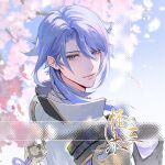  1boy blue_eyes blue_hair blue_sky cherry_blossoms closed_mouth genshin_impact guaisanmu highres jacket japanese_clothes kamisato_ayato light_blue_hair long_sleeves looking_at_viewer male_focus medium_hair mole mole_under_mouth sample_watermark sky smile solo translation_request white_jacket 