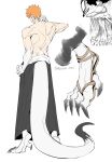  absurdres asure_(asure_twi) back barefoot black_pants bleach clawed_feet hand_on_own_hip hand_on_own_neck highres kurosaki_ichigo no orange_hair pants sandals simple_background solo tail toned toned_male topless_male twitter_username 