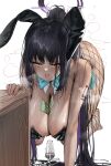  1girl all_fours animal_ears aqua_bow aqua_bowtie bare_shoulders between_breasts black_hair black_leotard blue_archive bow bowtie breasts cleavage commentary cup dark-skinned_female dark_skin detached_collar drinking_glass fake_animal_ears fishnet_pantyhose fishnets halo highres karin_(blue_archive) karin_(bunny)_(blue_archive) large_breasts leotard long_hair money official_alternate_costume orange_eyes pantyhose playboy_bunny poharo ponytail rabbit_ears solo sweat very_long_hair 