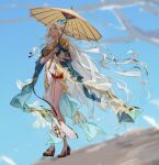  1girl absurdres blue_horns blue_sky blurry blurry_background breasts cheese_kang cleavage day full_body gold_trim hair_ribbon highres holding holding_umbrella horns long_hair looking_up outdoors pantyhose ribbon shoes sky solo standing umbrella very_long_hair white_hair yellow_eyes yellow_ribbon 