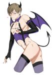  1boy ass bat_wings black_nails blue_eyes blush brown_hair chain closed_mouth corset crossdressing demon_boy demon_horns demon_tail earrings elbow_gloves fingerless_gloves gloves hair_between_eyes heart highres horns jewelry jujeop leon_s._kennedy looking_down male_focus no_pants pectorals purple_corset resident_evil short_hair solo stud_earrings sweatdrop tail thighhighs white_background wide-eyed wings 