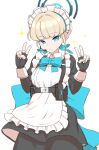  1girl absurdres apron black_gloves blue_archive blue_bow blue_bowtie blue_eyes blue_ribbon bow bowtie chest_harness closed_mouth commentary cowboy_shot double_v earpiece expressionless fingerless_gloves gloves halo harness highres light_blush light_brown_hair long_sleeves looking_at_viewer maid maid_apron maid_headdress pero_(pero7762) ribbon short_hair sidelocks simple_background solo sparkle toki_(blue_archive) v white_apron white_background 