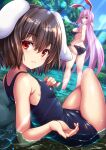  2girls absurdly_long_hair animal_ears ass bikini breasts brown_hair butt_crack caustics day floppy_ears hair_between_eyes highres hijikawa_arashi inaba_tewi knees_up light_smile long_hair multiple_girls one-piece_swimsuit outdoors parted_lips partially_submerged purple_hair rabbit_ears red_eyes reisen_udongein_inaba short_hair small_breasts solo_focus standing swimsuit teeth touhou very_long_hair wading water 