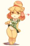  &lt;3 animal_crossing anthro awkwardlytrashy blush blush_lines canid canine canis chibi clothed clothing clothing_lift domestic_dog female isabelle_(animal_crossing) mammal nintendo shirt shirt_lift simple_background solo standing topwear white_background wide_hips 