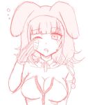  1girl animal_hood bare_shoulders blush breasts cleavage closed_mouth d; danganronpa_(series) danganronpa_2:_goodbye_despair detached_collar flipped_hair hand_up hood hood_up kappu_(wa_ppu) large_breasts leotard medium_hair nanami_chiaki neck_ribbon official_alternate_costume one_eye_closed rabbit_hood ribbon saliva solo tearing_up 