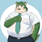  2023 anthro black_nose blush bottomwear canid canine canis clothing domestic_dog green_body hi_res humanoid_hands kemono lifewonders live_a_hero male mammal mokdai necktie overweight overweight_male pants shirt solo topwear yaki_atsuage 