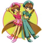  1boy 1girl absurdres blush brown_eyes brown_hair cardcaptor_sakura child gloves green_eyes green_footwear highres holding holding_wand kinomoto_sakura li_xiaolang magical_girl official_art open_mouth pink_footwear pink_gloves pink_headwear scan short_hair wand 