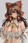  ascot ascot_between_breasts bare_shoulders between_breasts blush bow breasts brown_eyes brown_hair choker cleavage collar commentary detached_sleeves embarrassed english_commentary expressionless frilled_bow frilled_choker frilled_hair_tubes frills grey_background hair_tubes hakurei_reimu highres large_breasts long_hair long_sleeves navel red_bow red_choker red_ribbon ribbon ribbon-trimmed_sleeves ribbon_trim sarashi simple_background stomach tomatolover16 touhou upper_body white_sleeves wide_sleeves yellow_ascot 