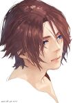  1boy adam&#039;s_apple blue_eyes brown_hair expressionless final_fantasy final_fantasy_viii headshot highres looking_to_the_side male_focus nini_tw99 parted_bangs scar scar_on_face scar_on_forehead short_hair simple_background solo squall_leonhart white_background 