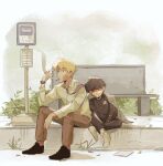  2boys bench black_eyes black_footwear black_hair blonde_hair blood blood_on_face brown_pants bus_stop closed_eyes closed_mouth collared_shirt commentary gakuran hand_up highres jacket jacket_on_shoulders kageyama_shigeo korean_commentary long_sleeves male_focus mob_psycho_100 mp100days multiple_boys necktie outdoors pants pink_necktie reigen_arataka school_uniform shirt shoes short_hair sign sitting sleeping sleeping_on_person sleeping_upright smoke smoking sneakers white_footwear 