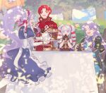  2boys 2girls apron arthur_(fire_emblem) azelle_(fire_emblem) bare_shoulders black_gloves blue_dress cake cape chair commentary_request cup d_kenpis dress fingerless_gloves fire_emblem fire_emblem:_genealogy_of_the_holy_war fire_emblem_heroes food gloves highres holding holding_tray interlocked_fingers long_hair maid_apron maid_headdress multiple_boys multiple_girls official_alternate_costume open_mouth outdoors own_hands_together ponytail purple_eyes purple_hair red_eyes red_hair short_hair sitting table tailtiu_(fire_emblem) tailtiu_(tea_party)_(fire_emblem) teacup teapot tiered_tray tine_(fire_emblem) tray tree twintails white_apron white_headdress 