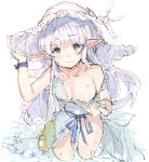  1girl bag blue_eyes blush breasts dress goriragomuteki granblue_fantasy hand_on_headwear hat highres light_purple_hair lily_(granblue_fantasy) long_hair looking_at_viewer medium_breasts nipples one_breast_out pointy_ears simple_background smile solo very_long_hair wading water wet white_background white_dress white_headwear 