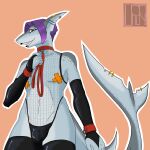  absurd_res anthro clothing ear_piercing eyebrow_piercing facial_piercing fish fishnet fishnet_shirt furgonomics furry-specific_piercing girly gloves handwear hi_res latex latex_clothing latex_gloves lip_piercing male marine piercing shark solo tail tail_piercing undythebadger 