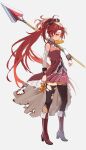  1girl black_thighhighs boots dango food full_body grey_background highres holding holding_food holding_polearm holding_weapon karasu_btk long_hair looking_at_viewer magical_girl mahou_shoujo_madoka_magica polearm red_eyes red_footwear red_hair sakura_kyoko simple_background solo standing thighhighs torn_clothes torn_thighhighs wagashi weapon 