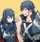  1boy 1girl ameno_(a_meno0) armor blue_cape blue_gloves blue_hair blue_sweater blush cape chrom_(fire_emblem) father_and_daughter fingerless_gloves fire_emblem fire_emblem_awakening flying_sweatdrops gloves grey_gloves hair_between_eyes height_difference long_hair long_sleeves lower_teeth_only lucina_(fire_emblem) one_eye_closed open_mouth pauldrons red_cape ribbed_sweater short_hair shoulder_armor simple_background single_pauldron single_sleeve smile sweatdrop sweater teeth turtleneck turtleneck_sweater two-tone_cape upper_teeth_only yellow_background 