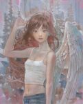  1girl angel angel_wings arm_up bare_shoulders breasts brown_hair camisole collarbone commentary_request crop_top denim feathered_wings grey_eyes halo highres jeans long_hair looking_at_viewer navel oil_painting_(medium) original painting_(medium) pants parted_lips ringodrawing small_breasts solo traditional_media upper_body white_camisole white_wings wings 
