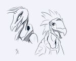  2023 akilae06 alien anthro armor avian avian_caruncle beak duo feather_hair feathers female halo_(series) headgear helmet hi_res kig-yar licking licking_lips licking_own_lips microsoft monochrome open_mouth pseudo_hair quill_hair ruuhtian_(kig-yar) scalie seductive simple_background sketch smile t&#039;vaoan tattoo tiki_(akilae06) tongue tongue_out xbox_game_studios 