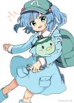  1girl ? backpack bag blue_eyes blue_footwear blue_hair blue_shirt blue_skirt blush boots collared_shirt feet_out_of_frame flat_cap green_headwear hair_bobbles hair_ornament hat highres holding holding_wrench kappa kawashiro_nitori long_sleeves looking_at_viewer open_mouth ramudia_(lamyun) shirt short_hair simple_background skirt solo touhou traditional_youkai twitter_username two_side_up white_background wrench 