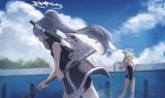  2girls azusa_(blue_archive) blonde_hair blue_archive blue_sky cloud cloudy_sky commentary_request cowboy_shot feathered_wings grey_hair gun halo hifumi_(blue_archive) highres holding long_hair low_twintails machine_gun multiple_girls nekoreito one-piece_swimsuit outdoors ponytail school_swimsuit sky standing swimsuit twintails weapon white_wings wings 